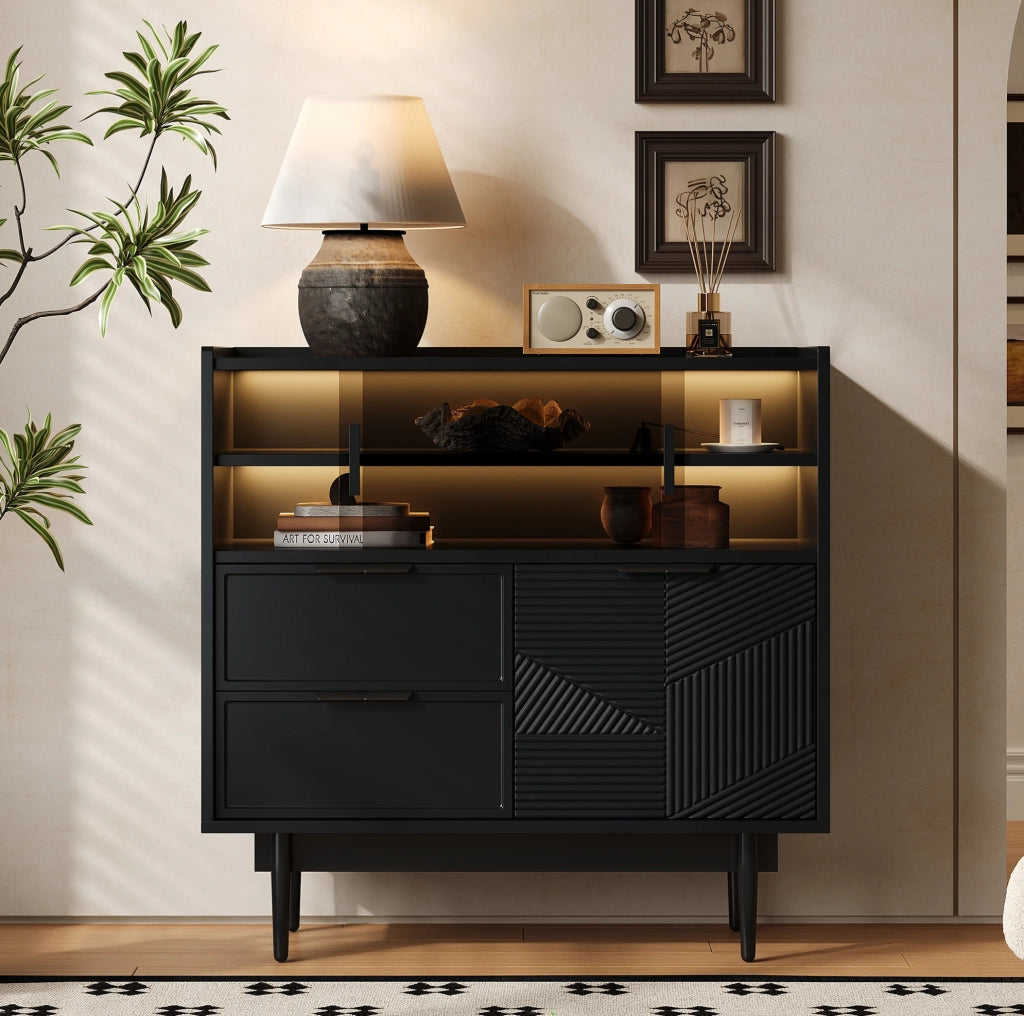 Credenza contenitore 80 cm in MDF nero con anta in vetro e LED