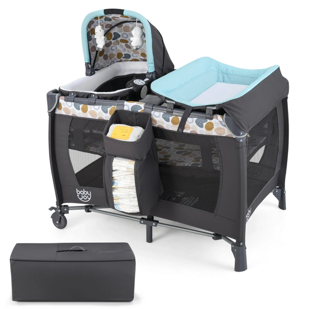 Box portatile per bambini con culla a dondolo e fasciatoio, Lettino pieghevole pack per neonati e bambini fino a 3 anni Blu-Culle