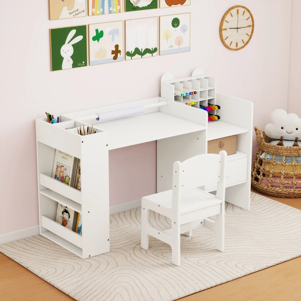 Set tavolo e sedia per bambini con porta rotolo carta rimovibile con mobile cubo, Tavolo lettura e disegno Bianco-Tavoli e sedie