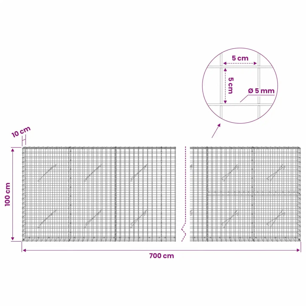 Gabione con filo da 5 mm e rete da 5x5 cm 700x10x100 cm 3463976