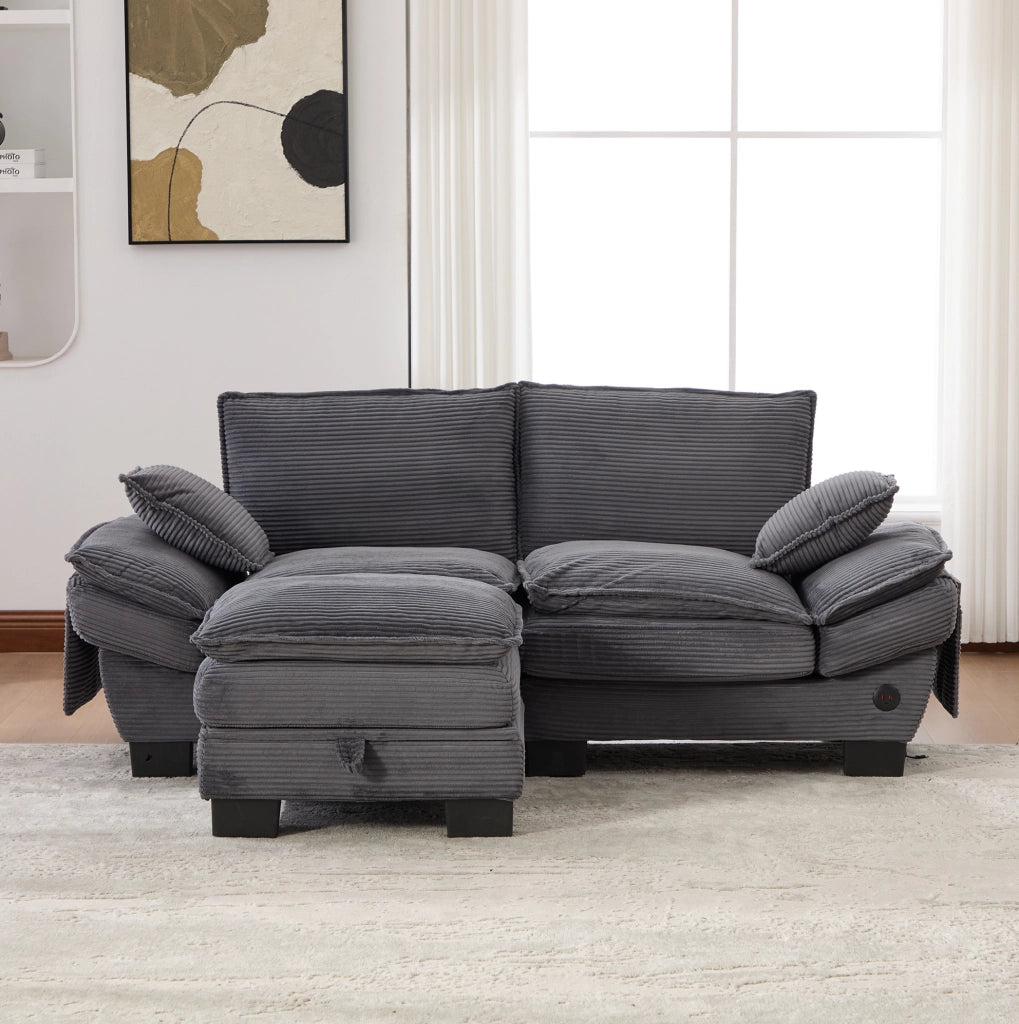 Divano 2 posti con pouf e porta USB-C in tessuto corduroy; 190x132x84 cm; grigio scuro