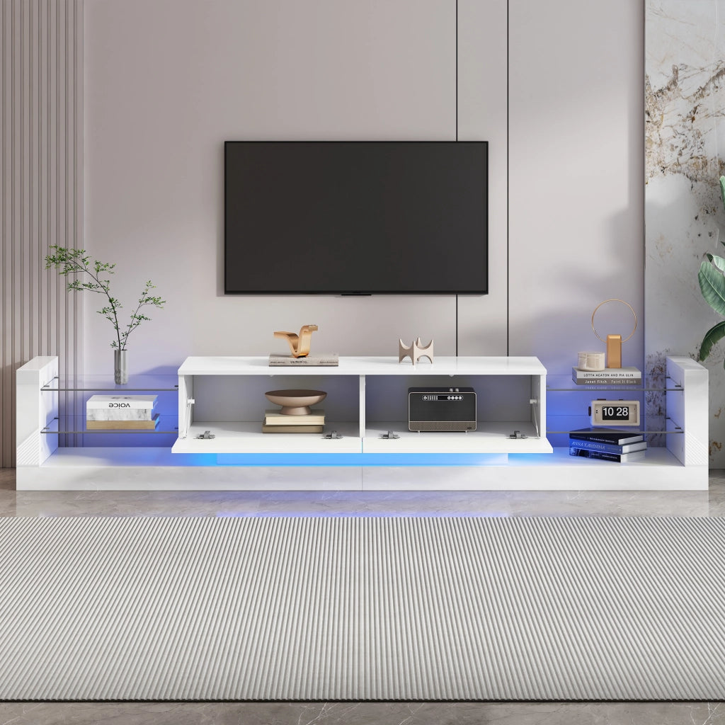 Mobile TV ad alta finitura lucida con illuminazione LED, 181 cm, per TV fino a 80 pollici, frontale in vetro, due cassetti ribaltabili