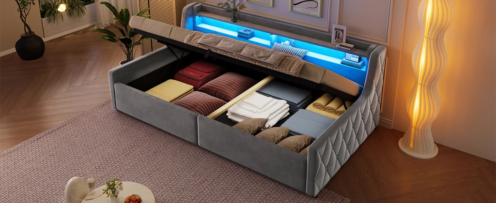 Letto singolo 90x200 grigio con sistema letto contenitore idraulico e testiera illuminata a LED