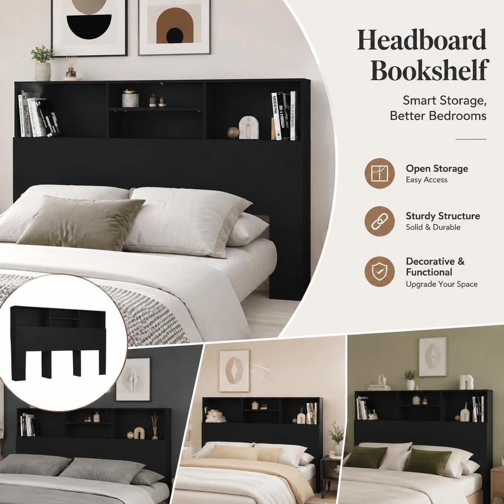 Bed Headboard With Shelves, Black, 160x19x103.5 Cm