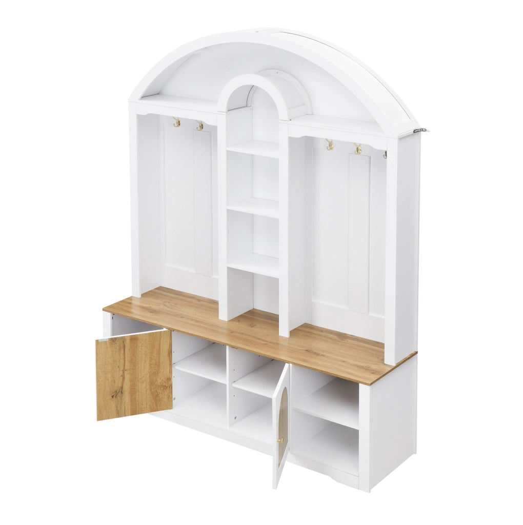 Garderobiera ingresso in MDF bianco con ante effetto legno; 150x40x195 cm; con ganci e LED USB
