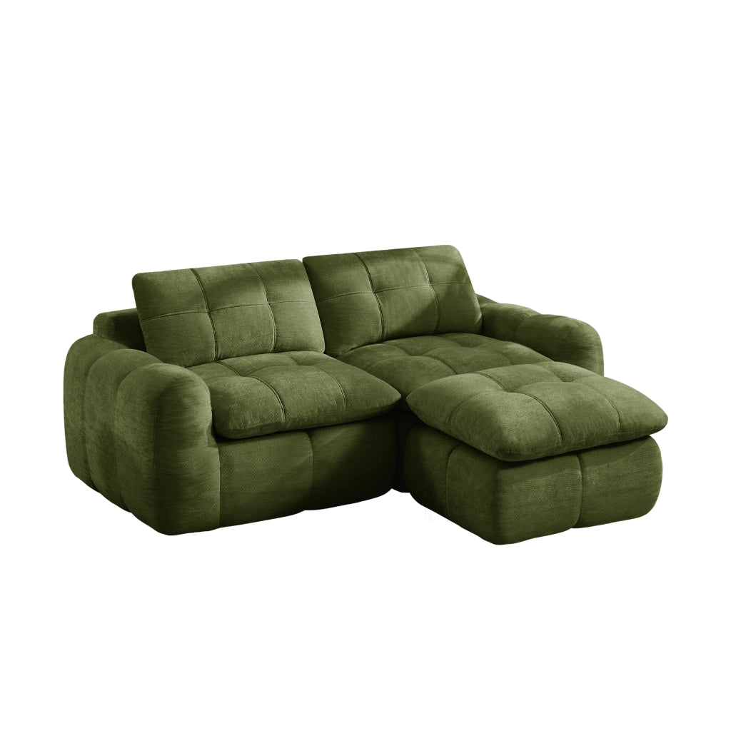 Divano modulare 2 posti con ottomano; seduta ergonomica e design trapuntato in chenille verde