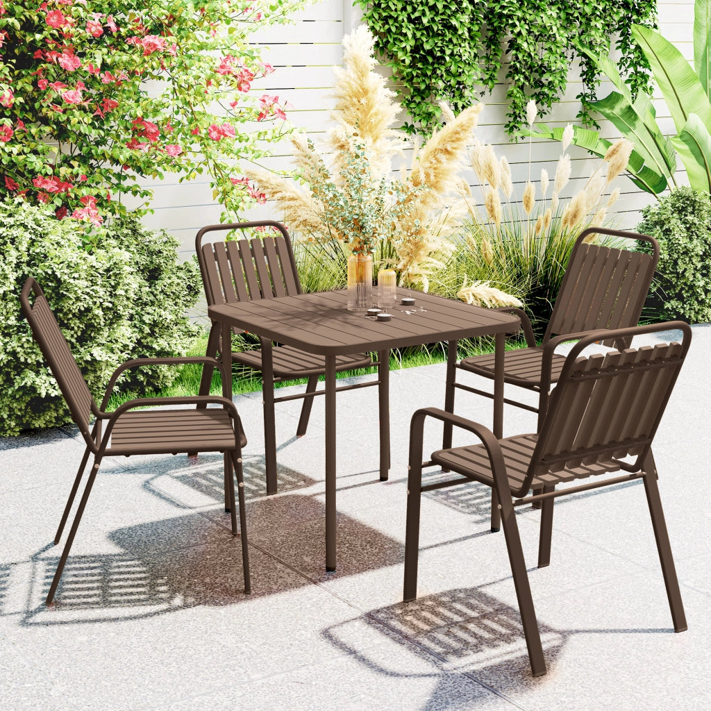 Set 4 Sedie per Esterno Impilabili con Schienale Alto e Braccioli, in Acciaio e PP, 56x66x91 cm, Marrone Scuro