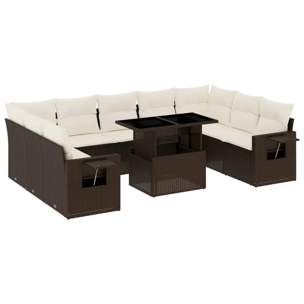 Set Divani da Giardino 10pz con Cuscini in Polyrattan Marrone