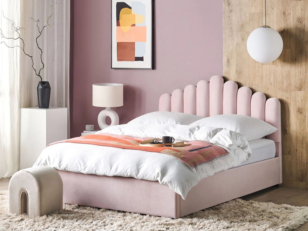 Letto contenitore matrimoniale rete a doghe velluto rosa 180 x 200 testiera a conchiglia