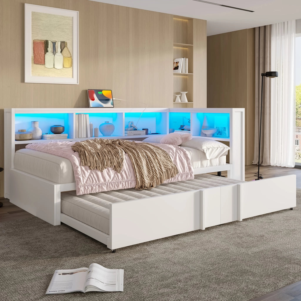 LETTO Divano 90x200 cm con letto estraibile, 5 armadietti, LED, USB, Bianco