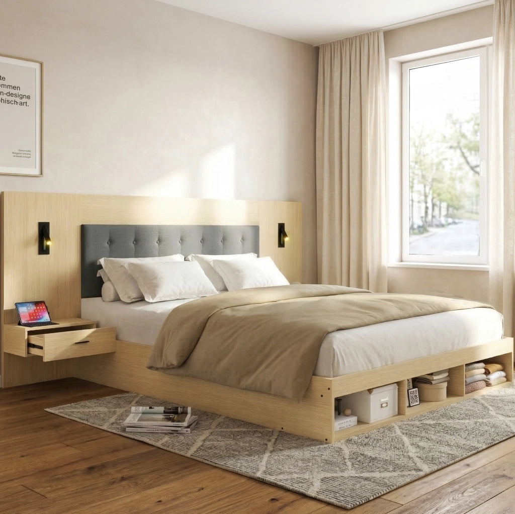 Letto matrimoniale 160x200 cm con USB C; LED e 2 comodini; MDF rovere chiaro