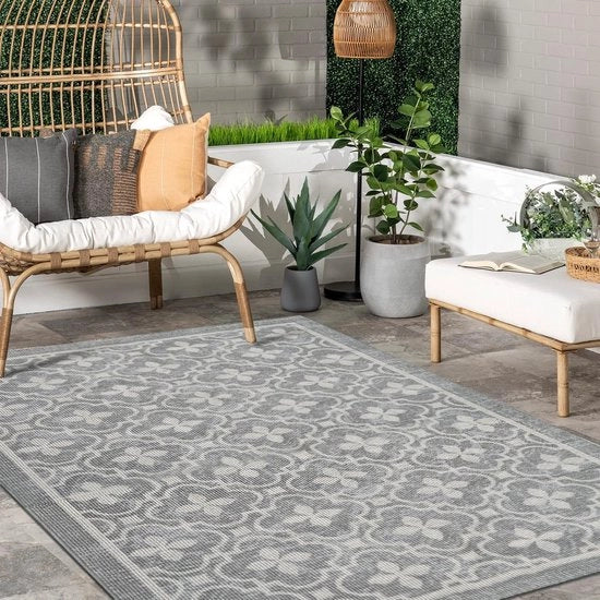 Tapijt esterno, resistente alle intemperie, 160 x 230 cm, balcone, inverno, campeggio, casa, boho, grigio, fiore, pavimento esterno per terrazza, lavabile, esterno, antiscivolo, per dentro e fuori.