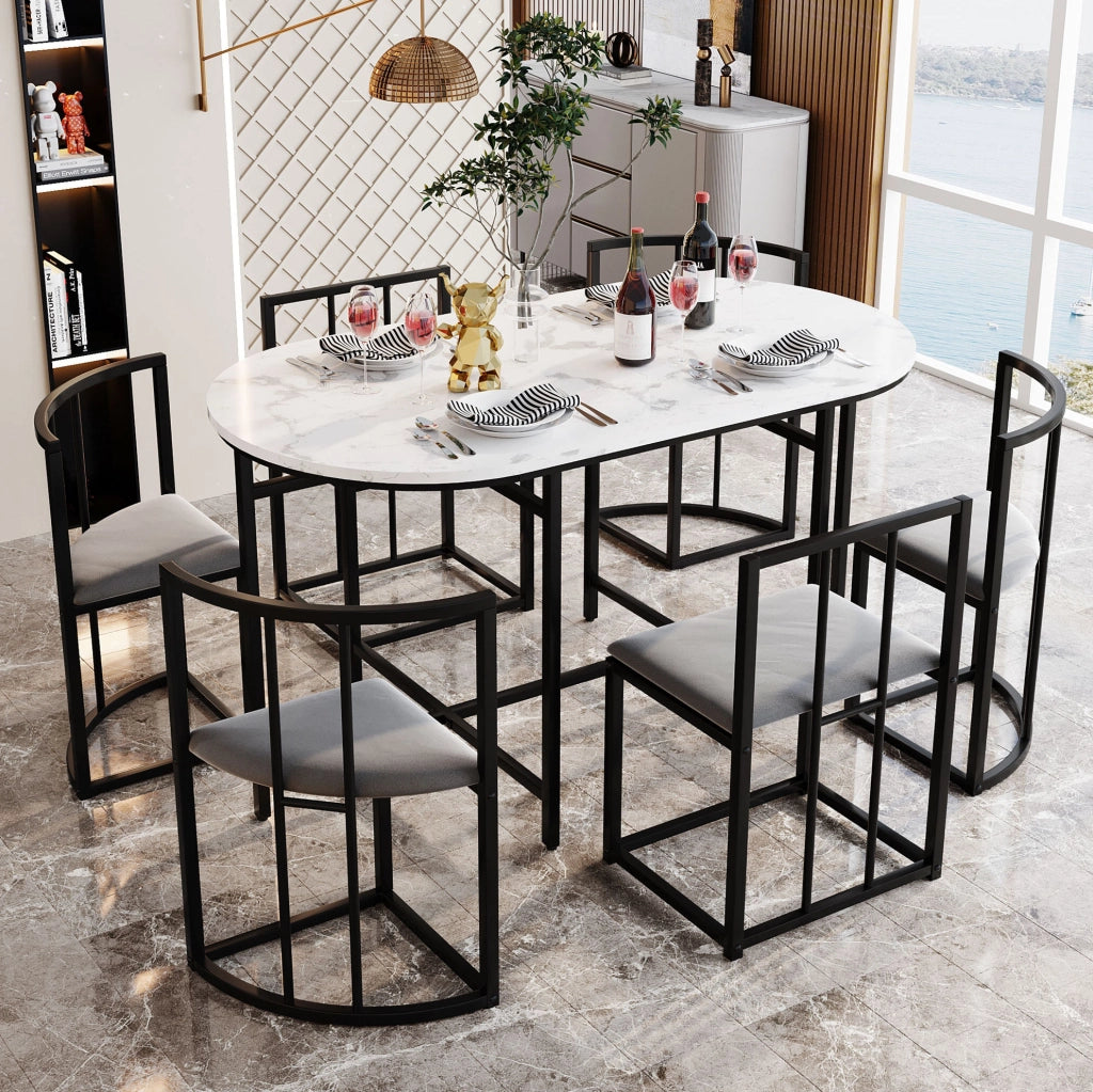 Set tavolo e sedie 140x80x76 cm in MDF bianco e nero, 6 posti