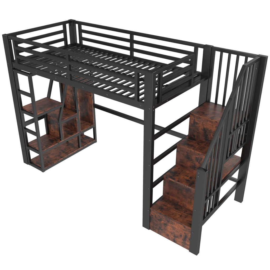 Letto a soppalco 90x200 cm in metallo e MDF con LED; scala contenitore e protezioni; nero