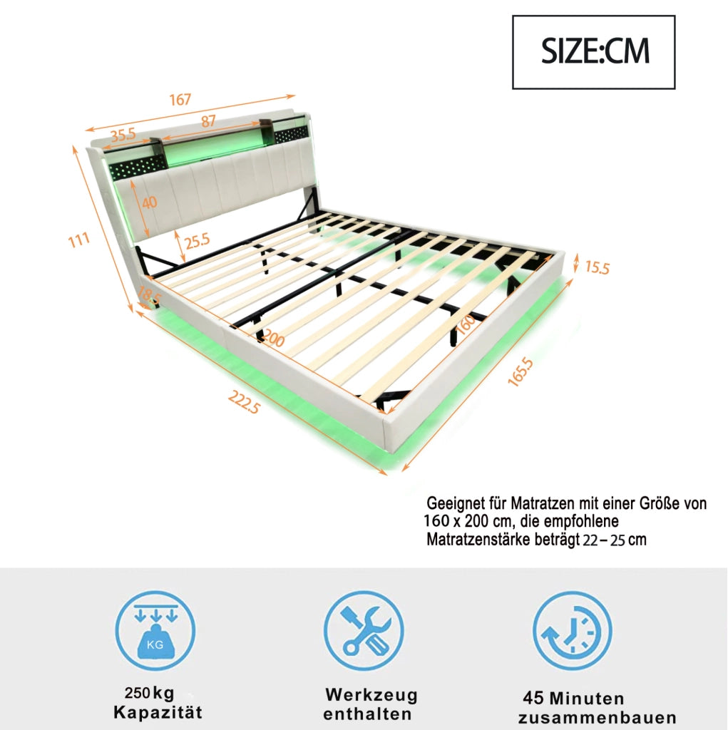 Letto matrimoniale imbottito 160x200 cm con USB; luci LED; testiera con vano contenitore; beige