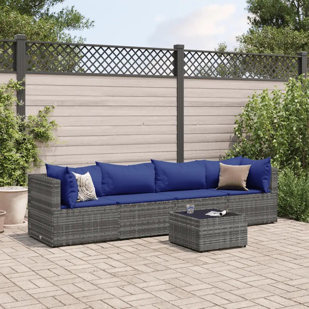 Set Divani da Giardino 5 pz con Cuscini in Polyrattan Grigio