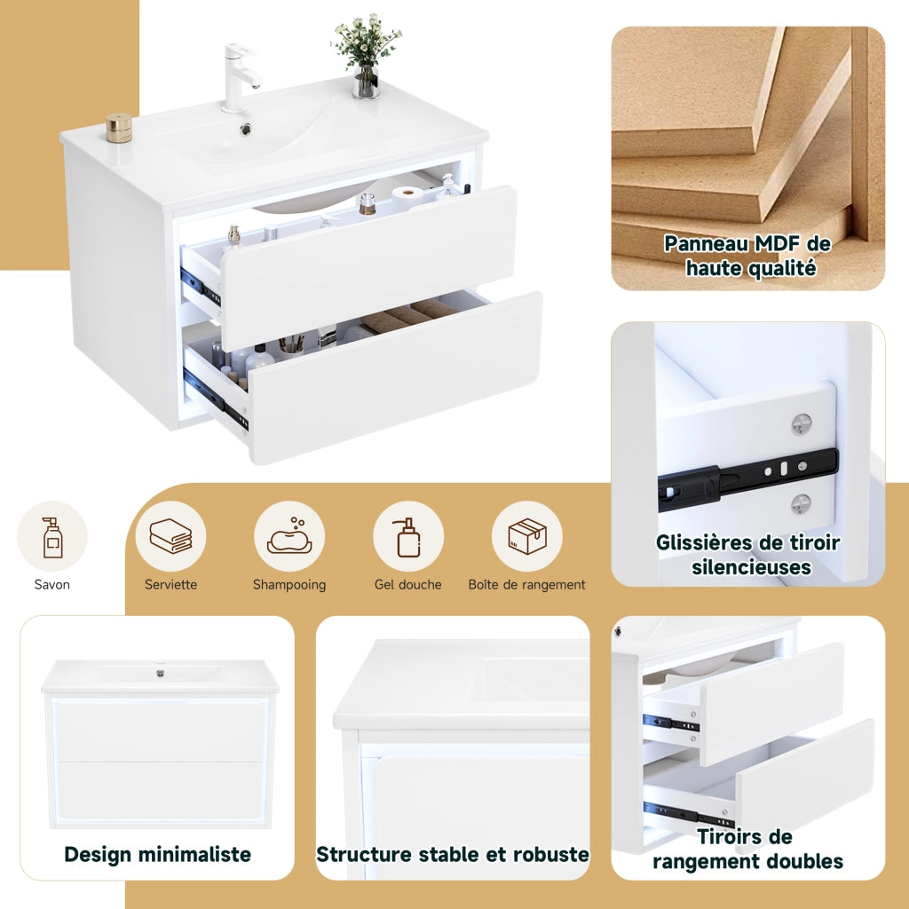 Mobile per lavabo singolo sospeso con 2 cassetti; LED a sensore; MDF e ceramica bianco 76 × 46 × 48.5 cm
