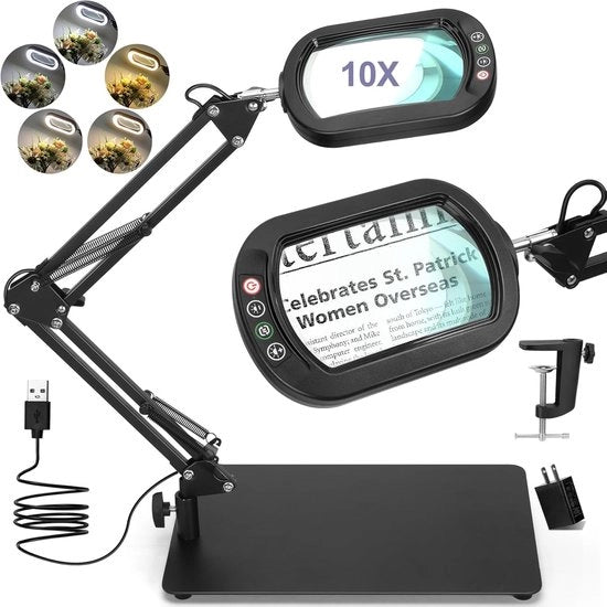 Lozione per Occhi con 10X ingrandimento, Stativo e Luce, LED, 5 livelli di illuminazione regolabili senza scatti, Lampada per lettura indipendente con chiusura per lavori di precisione