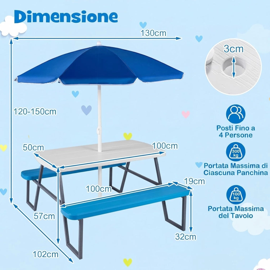 Tavolo da Picnic per Bambini, Set Tavolo e Panche da Giardino con Ombrellone Regolabile in Altezza, Struttura in Metallo e Borsa per Campeggio e Picnic per Bambini 3-8 Anni