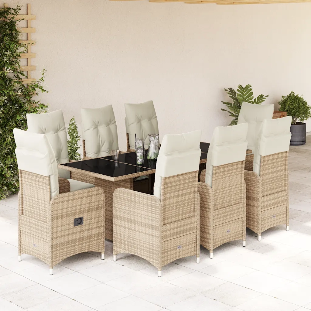 Set da BistrÃ² da Giardino 9 pz con Cuscini Beige in Polyrattan
