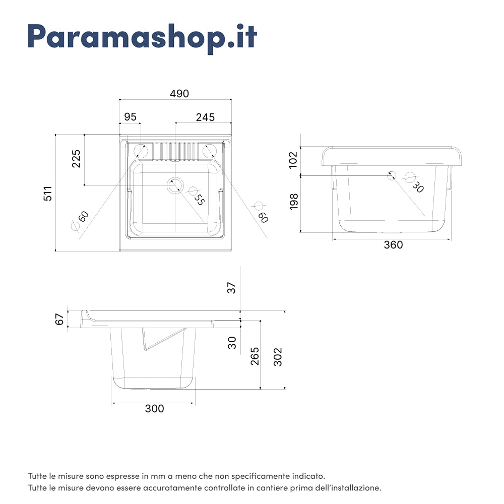 Mobile lavatoio per interni 50x50 cm bianco-vasca e asse in PP, sifone e troppopieno | Pratika