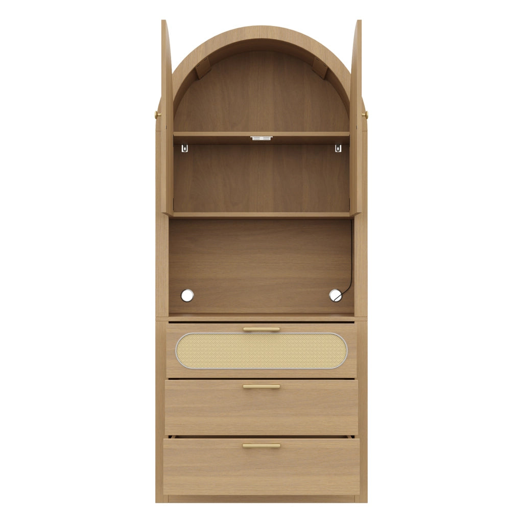 Credenza con 2 ripiani, 1 vano espositivo, 3 cassetti e LED, per soggiorno, in MDF, rovere chiaro, 80 × 35 × 180 cm