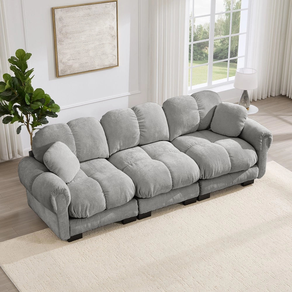 Divano 3 posti imbottito ¨C Minimal ¨C grigio chiaro, tessuto trapuntato, con 2 cuscini