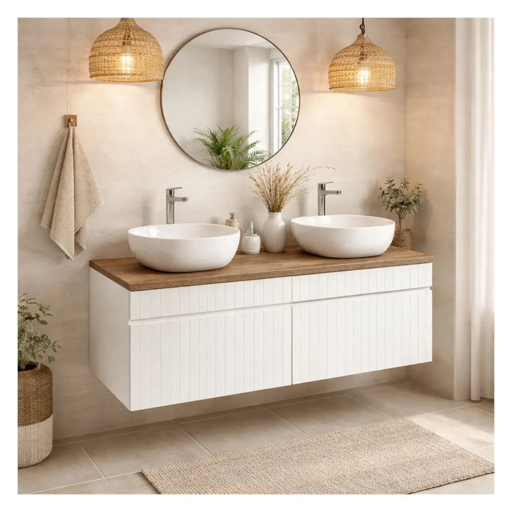 Set ICON bianco: mobili sottolavabo 160cm + piano per lavabo + due lavabi da appoggio bianchi