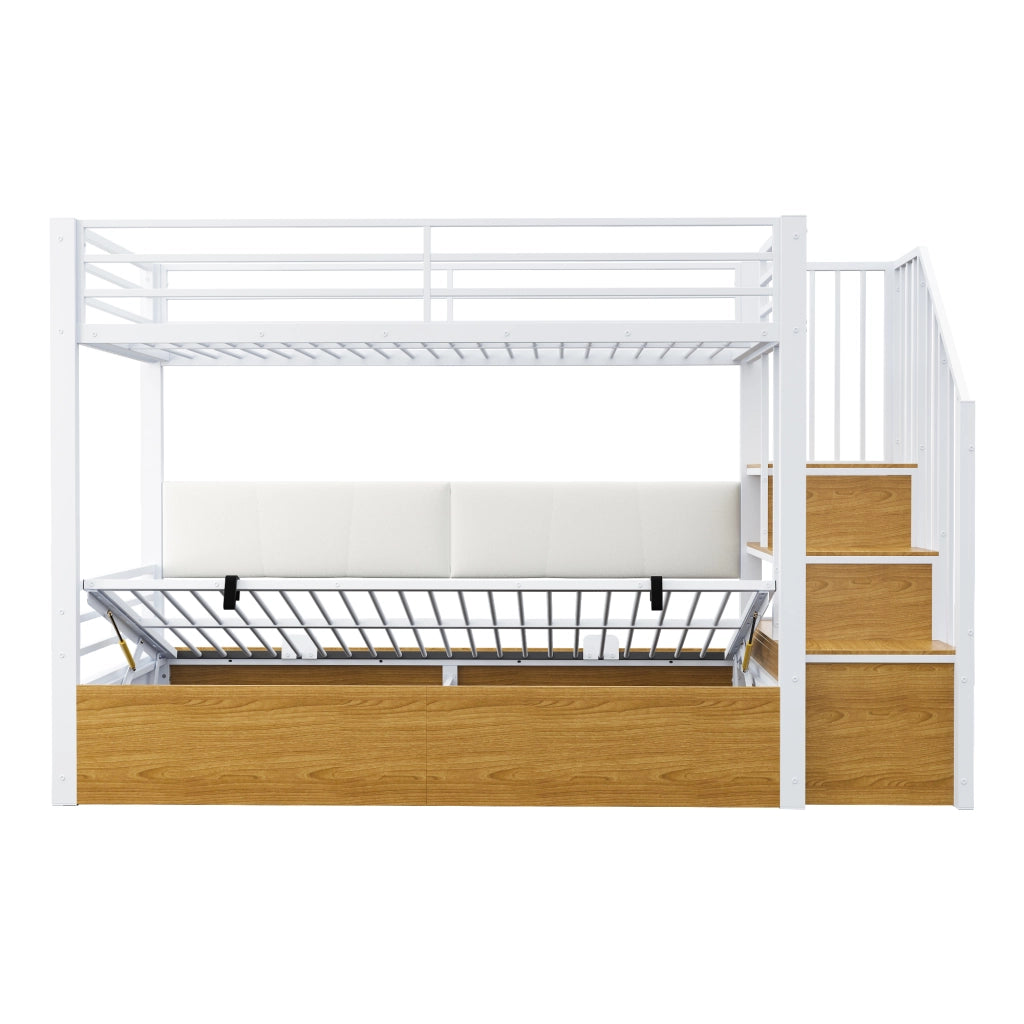 Letto a castello 90 × 200 cm con scala contenitore, vano con sollevamento idraulico, senza materasso, bianco