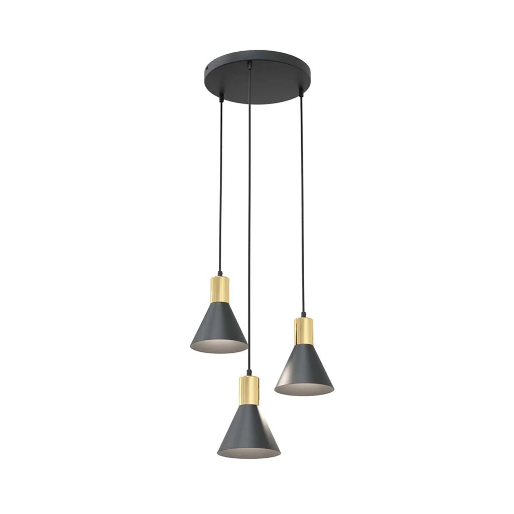 Lampadario 3 Luci Heimdall Base Tonda In Acciaio Nero E Paralumi Conici Nero E Oro