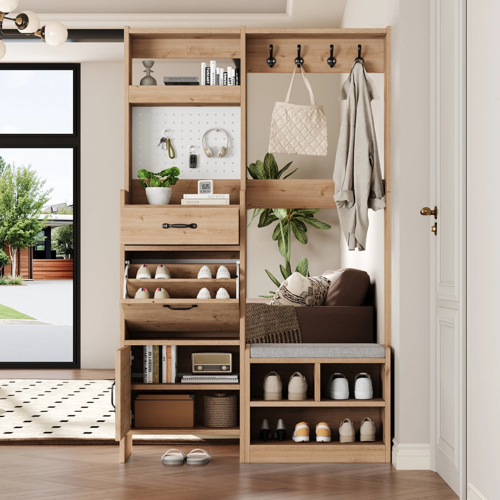 Mobile guardaroba multifunzione da ingresso con panca, 4 ganci, cassetto e 2 ante, Natural/White, 108,5 x 35 x 180 cm