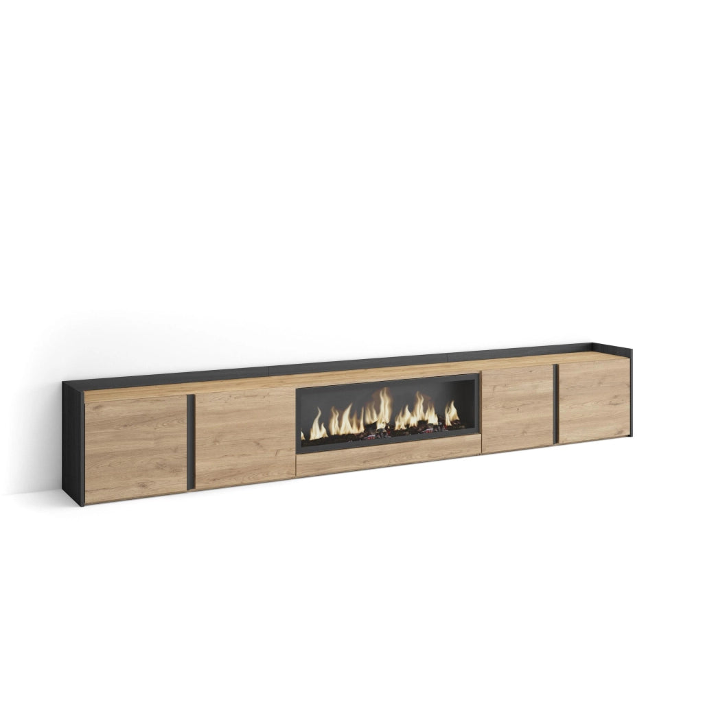 Mobile TV Soggiorno, 315x50x35 cm, Per TV fino a 80", Camino elettrico XXL, Rovere e nero