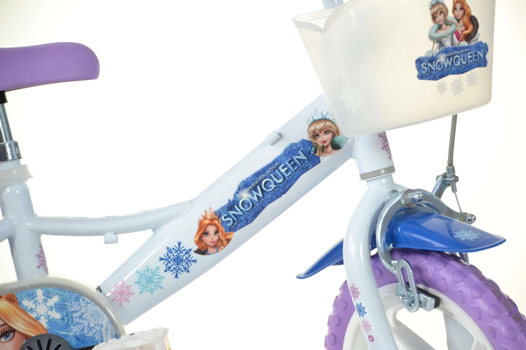 SCH SNOW QUEEN 12", bicicletta per bambini, adatta tra i 3 e i 5 anni, per altezza tra 85 e 105 cm, con cestino e portab