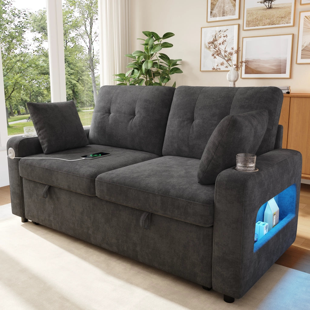 Divano letto 2 posti estraibile con USB Type-C; LED e braccioli con vano; grigio