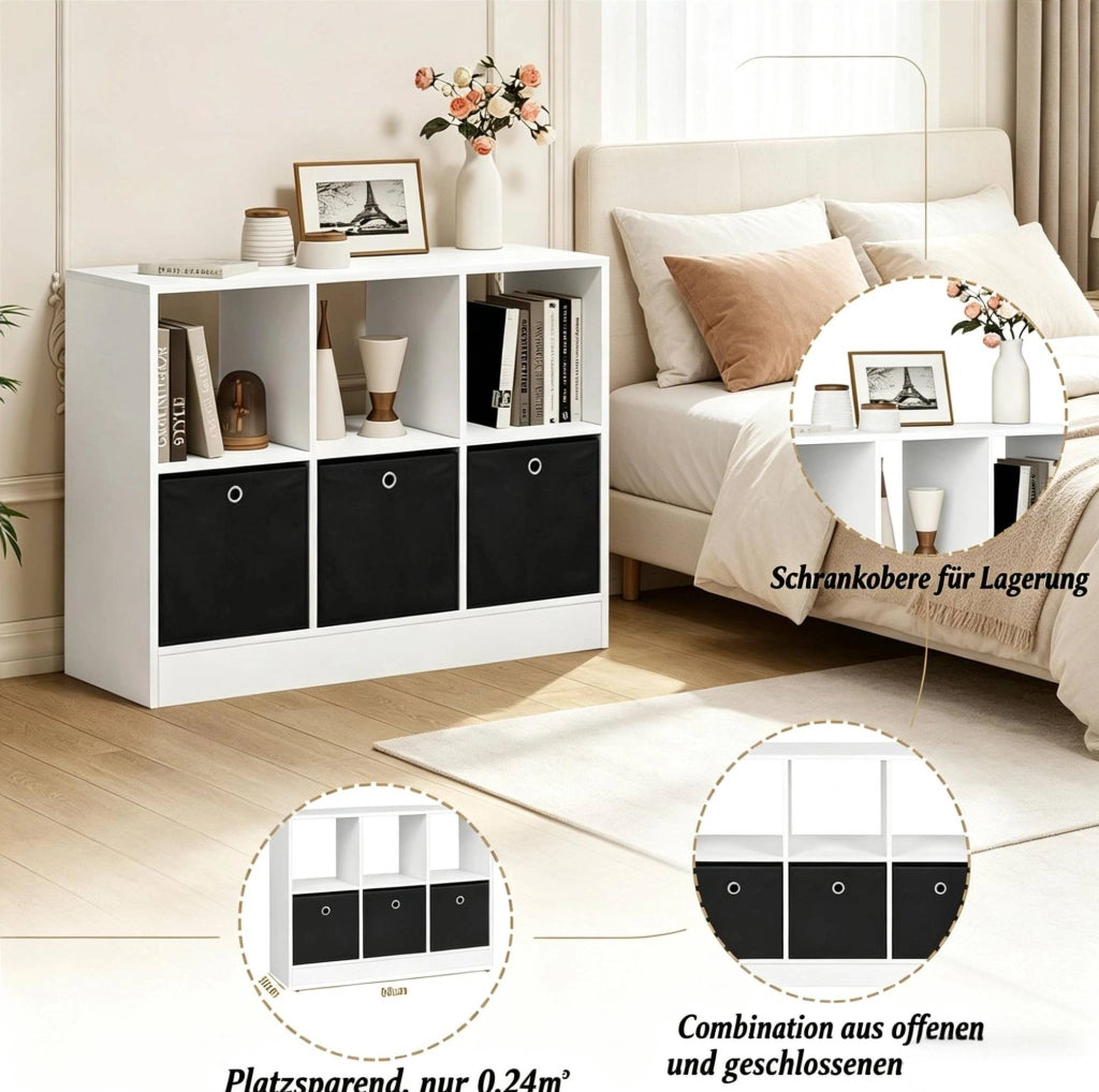 Libreria cubby 80x30x61 cm in legno bianco e nero con 3 cassetti