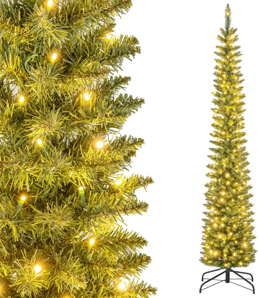Albero di Natale Artificiale 150/180/210 cm, Albero di Natale con Luci LED Incorporate, 296/390/499 Punte dei Rami, Christmas Tree in PVC, Base in Metallo, per Casa, Negozio, Feste (L)