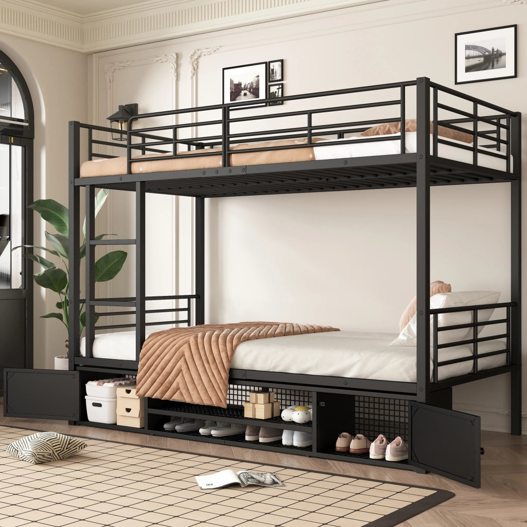 Letto a Castello 90x200 cm; Letto Singolo - Con Scarpiera; Scaletta; Sponda; in Metallo Nero