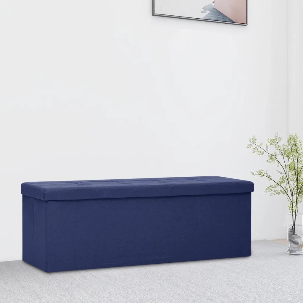 Cassapanca Pieghevole-Baule-Panca con Contenitore Blu in Simil Lino