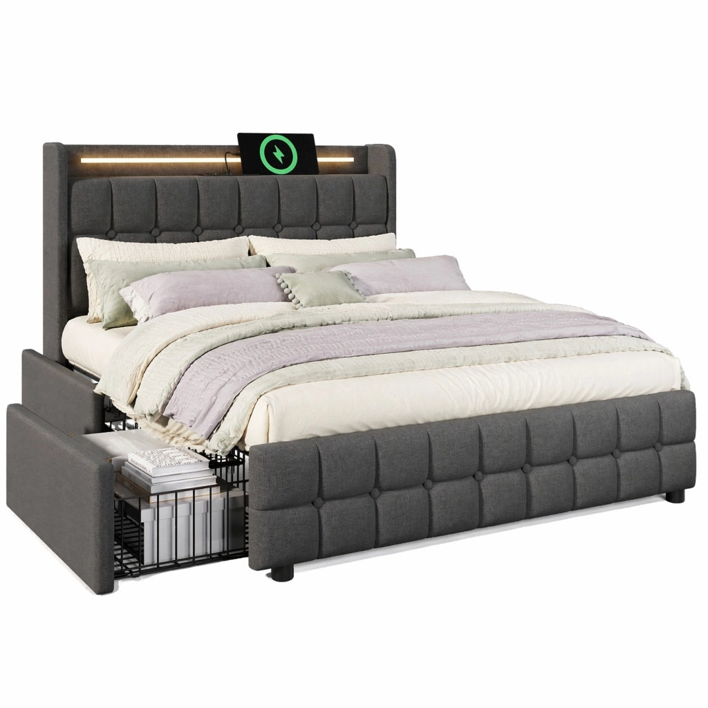Letto matrimoniale 180x200 cm con USB; prese; LED e 4 cassetti; grigio