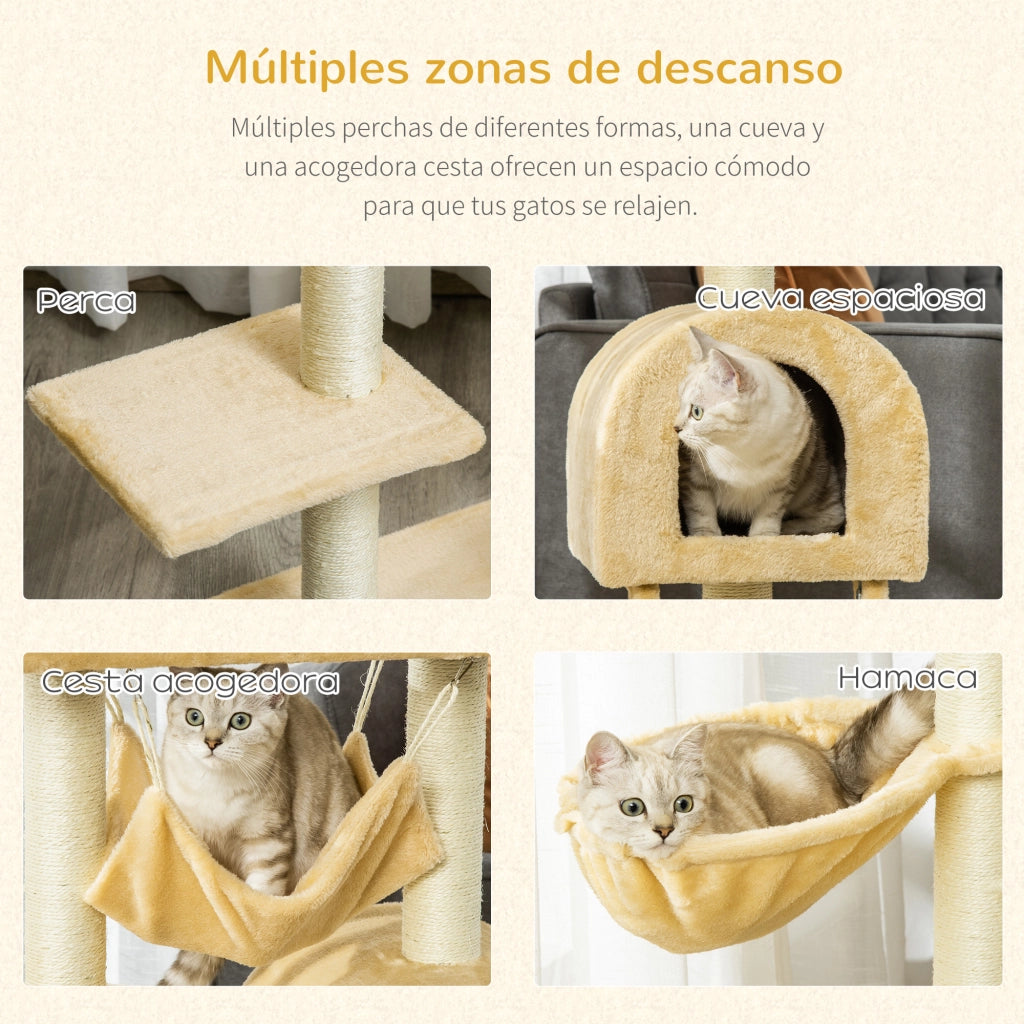 Albero tiragraffi per gatti con piattaforme e cesta ¨C zephmum ¨C 54x29.5x98 cm beige
