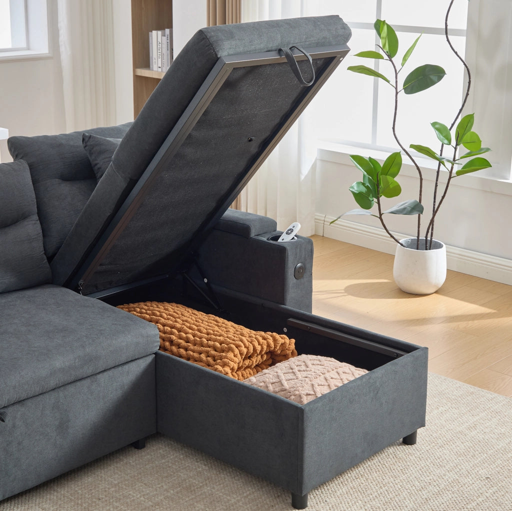 Divano 4 posti con doppia chaise longue; contenitori; portabicchieri e USB Type-C 272x136x86 cm; grigio scuro