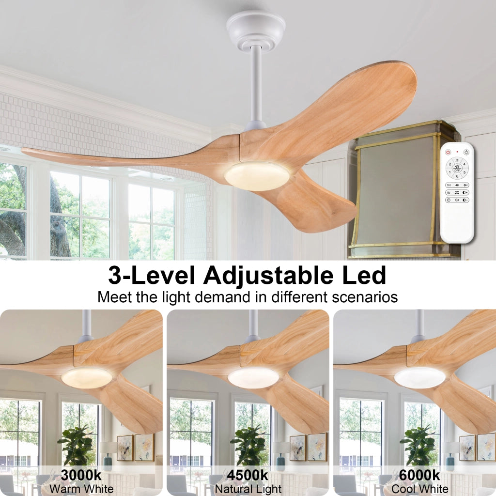 Ventilatore da soffitto 42 pollici con illuminazione e telecomando, 3 pale legno massello naturale, 3CCT dimmerabile, reversibile, 6 vel, timer
