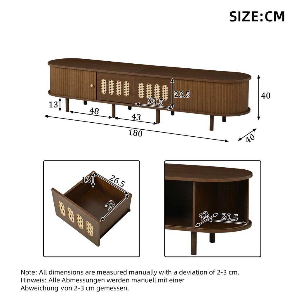Mobile porta TV con 2 cassetti e 2 ante avvolgibili, fronti in rattan, per soggiorno, in MDF, noce, 180 × 40 × 40 cm