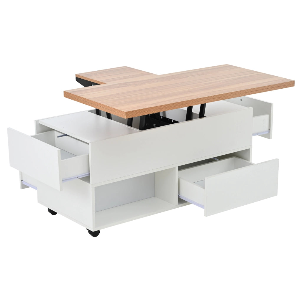 Tavolino da caffè sollevabile 100x50x52 cm con 4 ruote; 4 cassetti e piano estensibile bianco e legno