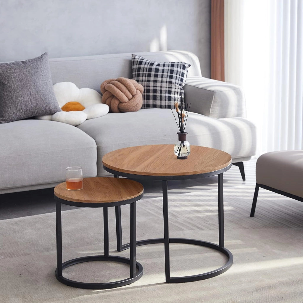 GrandCA HOME Set di 2 Tavolini Rotondi a Incastro con Piano in Finto Marmo, Tavolino da Caffè per Soggiorno, Bianco e Nero (60x60x45cm e 40x40x35cm)