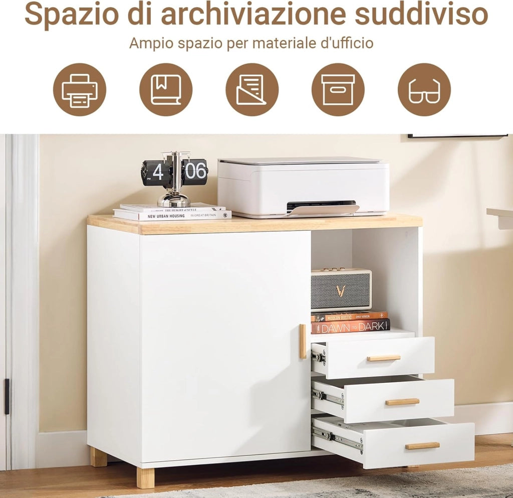 Cassettiera Ufficio Mobiletto Salvaspazio con 3 Cassetti e 1 Vano Aperto Supporto Stampante Schedario da Ufficio Cassettiera da Scrivania Bianco e Naturale 90x45x75cm ASK07-WN