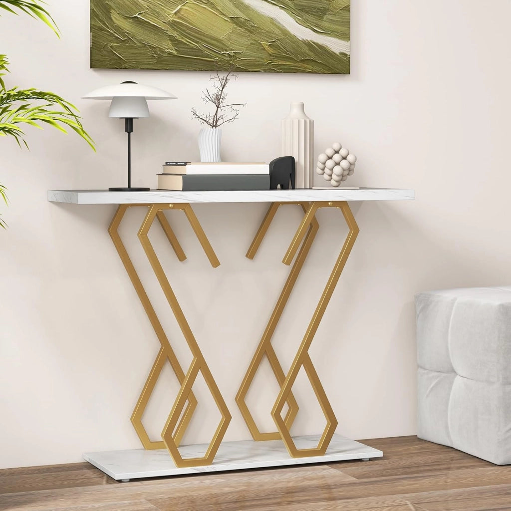 Tavolo Consolle 100cm, Tavolo d'Ingresso con Piedini Regolabili, Kit Antiribaltamento e Struttura in Metallo, Tavolino da Divano per Soggiorno, Ingresso e Corridoio (Bianco e Oro)