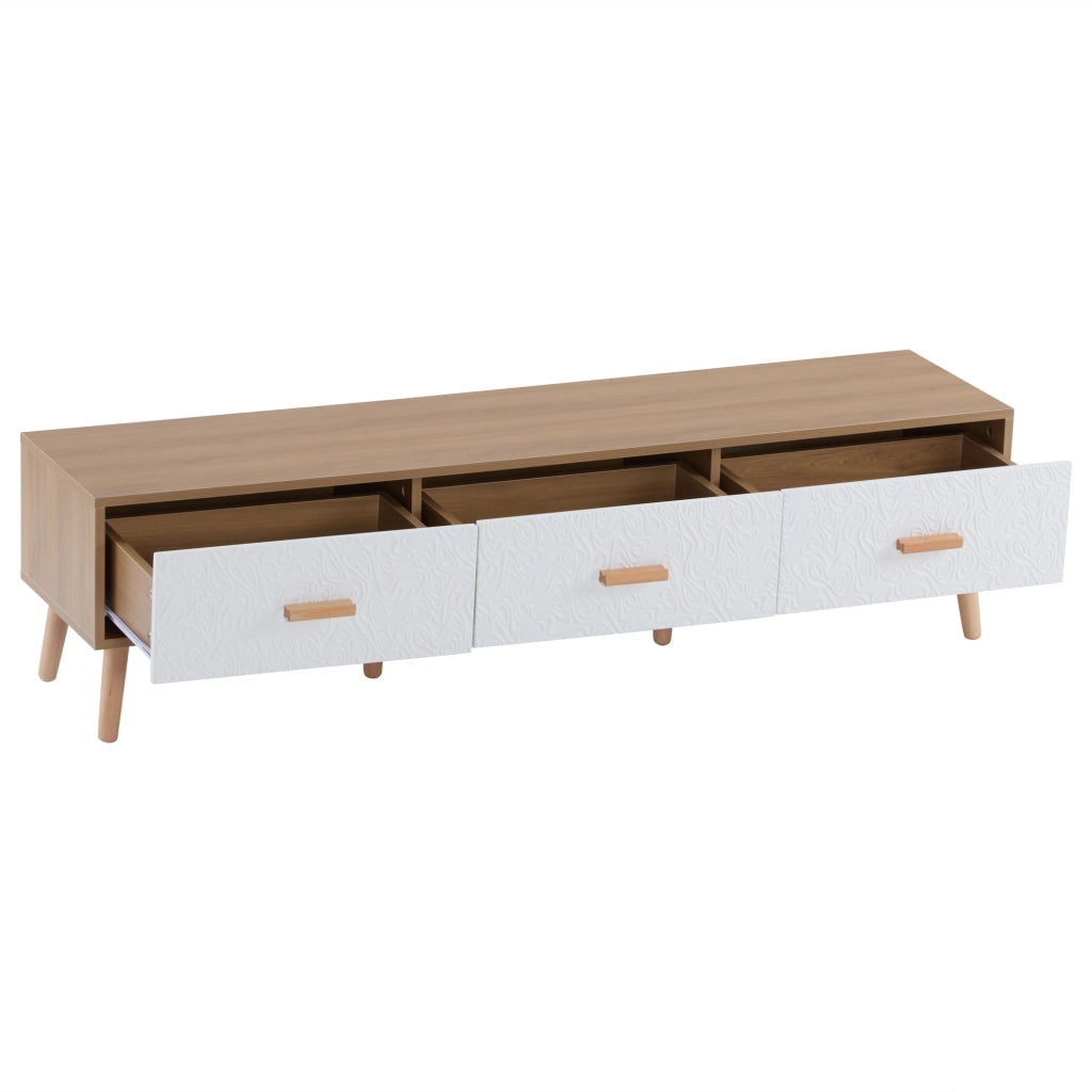 Mobile TV vintage 150 cm con 3 cassetti, finitura legno chiaro e dettagli bianchi