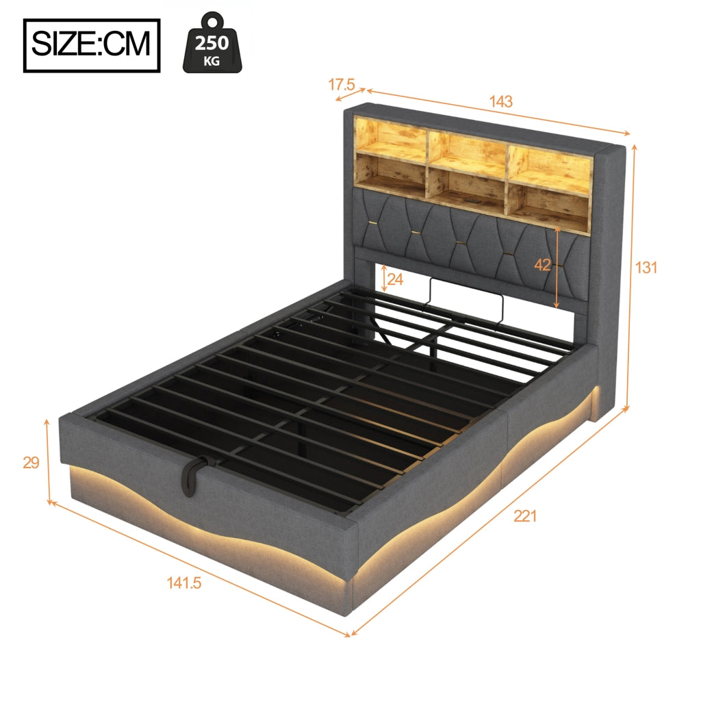 LETTO Contenitore 140x200 cm Grigio con LED, USB e struttura in metallo