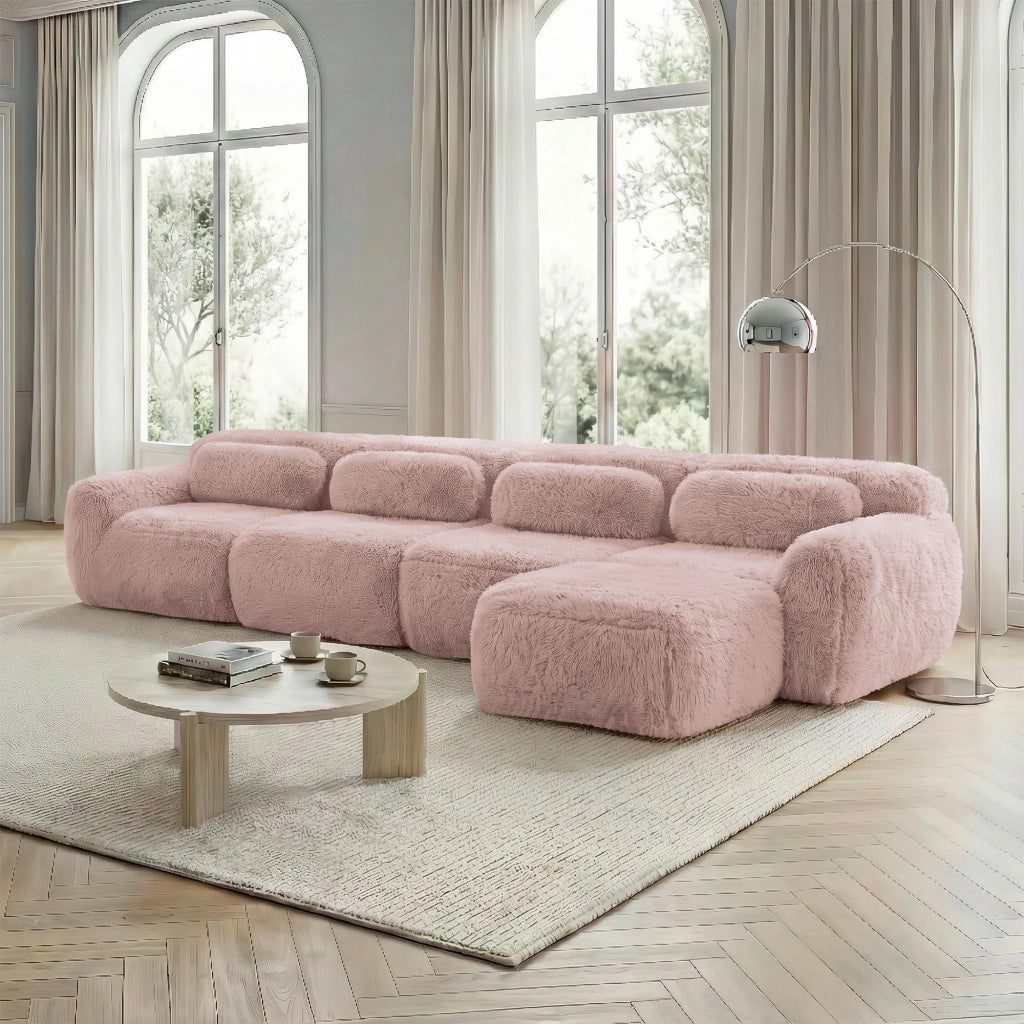 Divano Angolare 4 Posti con Chaise Longue ¨C MINIMAL ¨C Velluto Rosa, Cuscini Inclusi